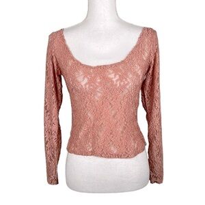Dona Jean Pink 90s Y2K Lace Sheer Cropped Long Sleeve Top Size Medium